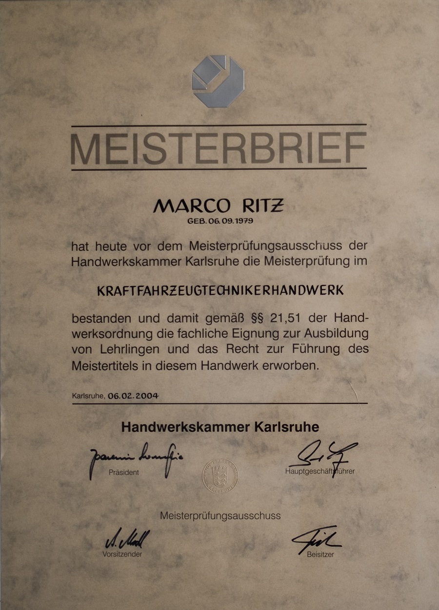 Marco Ritz - Meisterbrief - Kraftfahrzeugtechnikerhandwerk